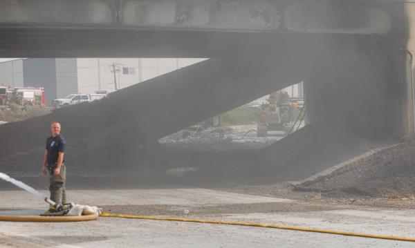 Philly first respo<em></em>nders put out the blaze underneath the I-95 overpass on Sunday that brought down the northbound lanes and damaged the southbound lanes to the point that they need to be demolished. 