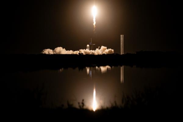 A SpaceX Falcon 9 rocket with the Crew Dragon spacecraft carrying NASA's SpaceX Crew-7 mission lifts off from Launch Complex 39A at the Kennedy Space Center on August 26, 2023.