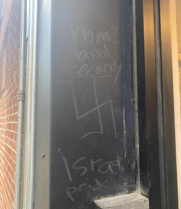 A swastika drawn on the side of the 2nd Avenue Deli in Manhattan on October 17, 2023.