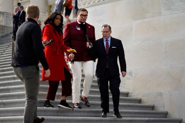 U.S. Rep. George Santos (R-NY) speaks to reporters as he leaves the Capitol after a series of votes, in Washington, U.S., November 15, 2023.