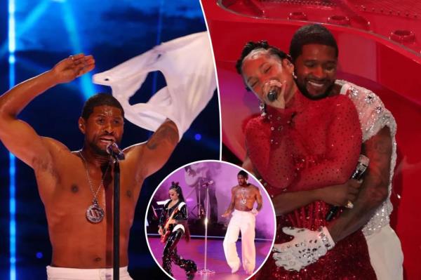 Alicia Keys and Usher perform during the Apple Music Super Bowl LVIII Halftime Show at Allegiant Stadium on February 11, 2024 in Las Vegas, Nevada.