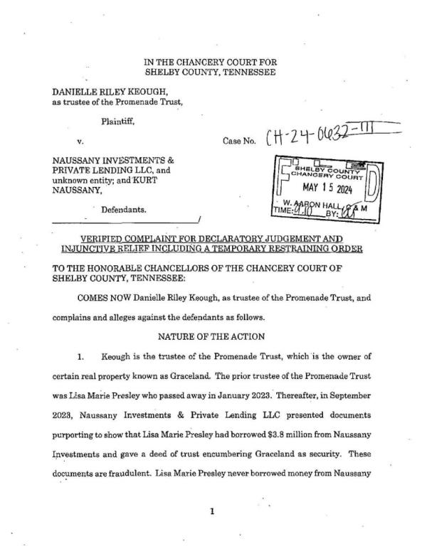 Legal docu<em></em>ment from Naussany Investments and Private Lending relating to unsuccessful sale of Graceland, with a stamp on it