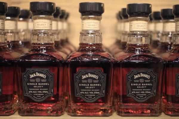 Bottles of Jack Daniel's Single Barrel Select Tennessee Whiskey on display for sale in the gift shop at the company's distillery in Lynchburg, Tennessee.