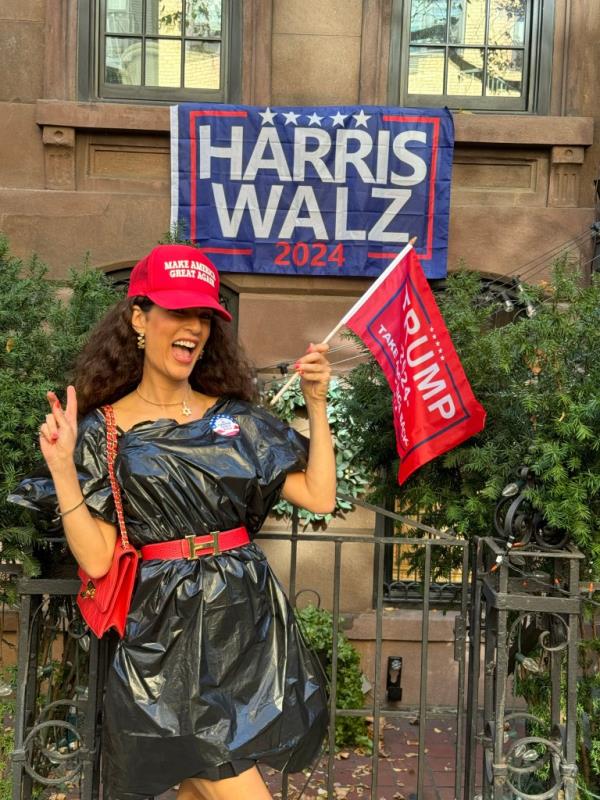 Sophie Sassoon wearing a MAGA hat and a trash bag